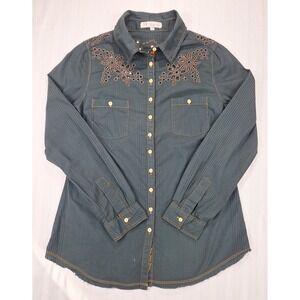 3J Workshop Johnny Was Pinstripe Eyelet Embroidered Button Down Shirt Small